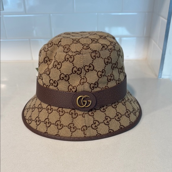 Gucci Brown Leather Trim Bucket Hat - Picture 1 of 5